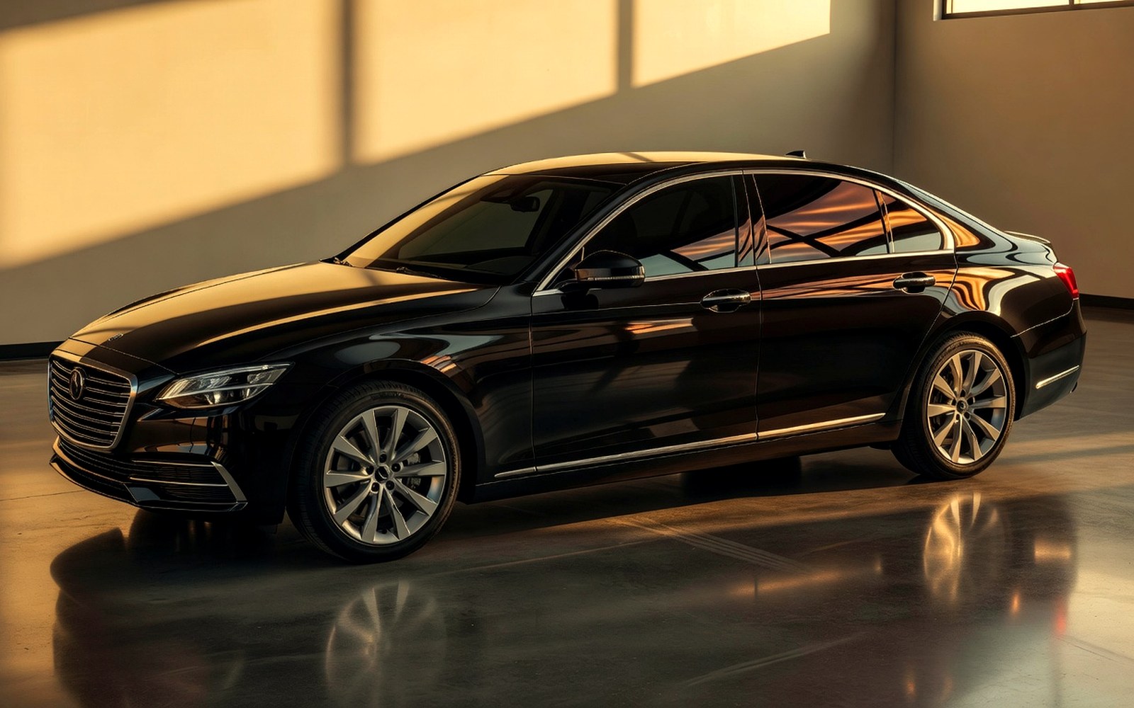 Glossy black sedan with freshly tinted side glass in a warm copper-lit premium automotive tint studio