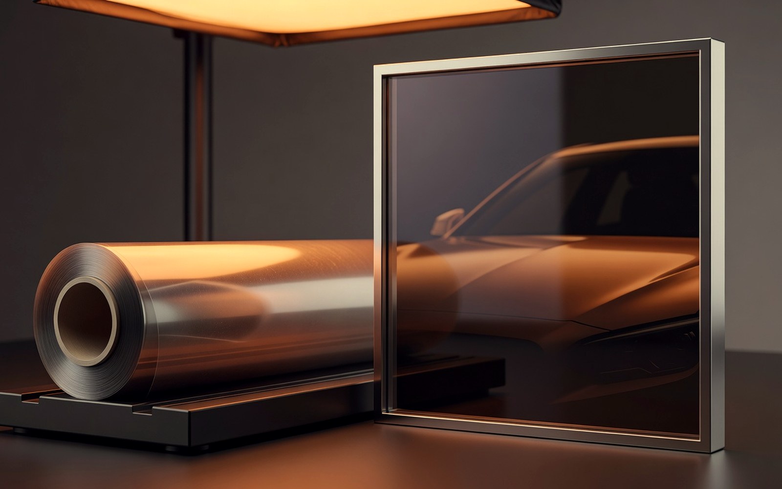 Window film roll and sample glass in warm studio light for Madico-style film comparison