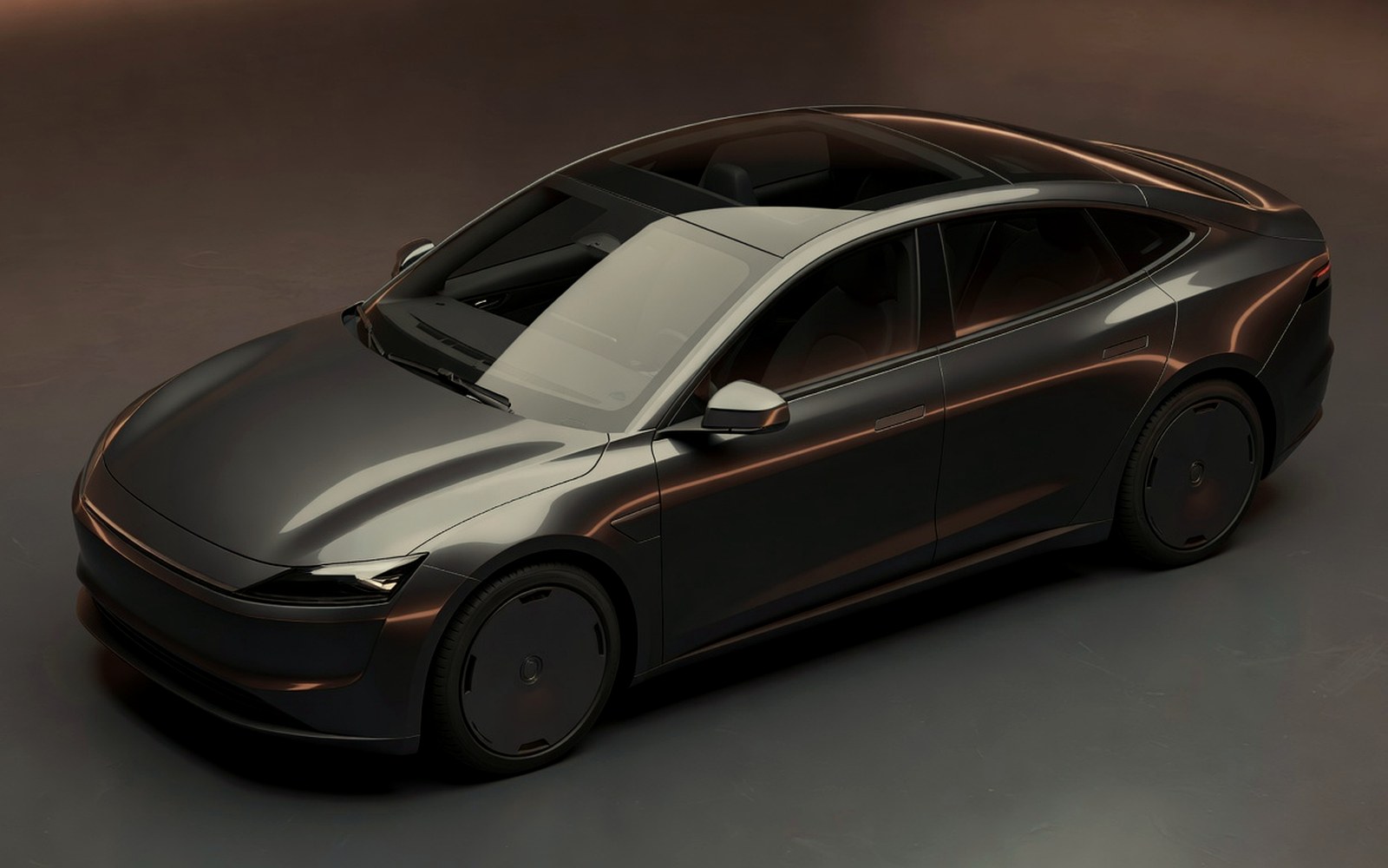 Compact modern electric sedan with freshly tinted windows and warm copper studio reflections