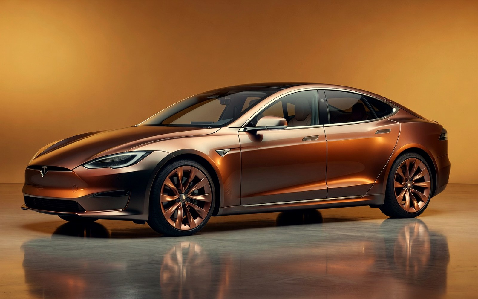 Premium long electric sedan with elegant tinted glass in a warm graphite studio