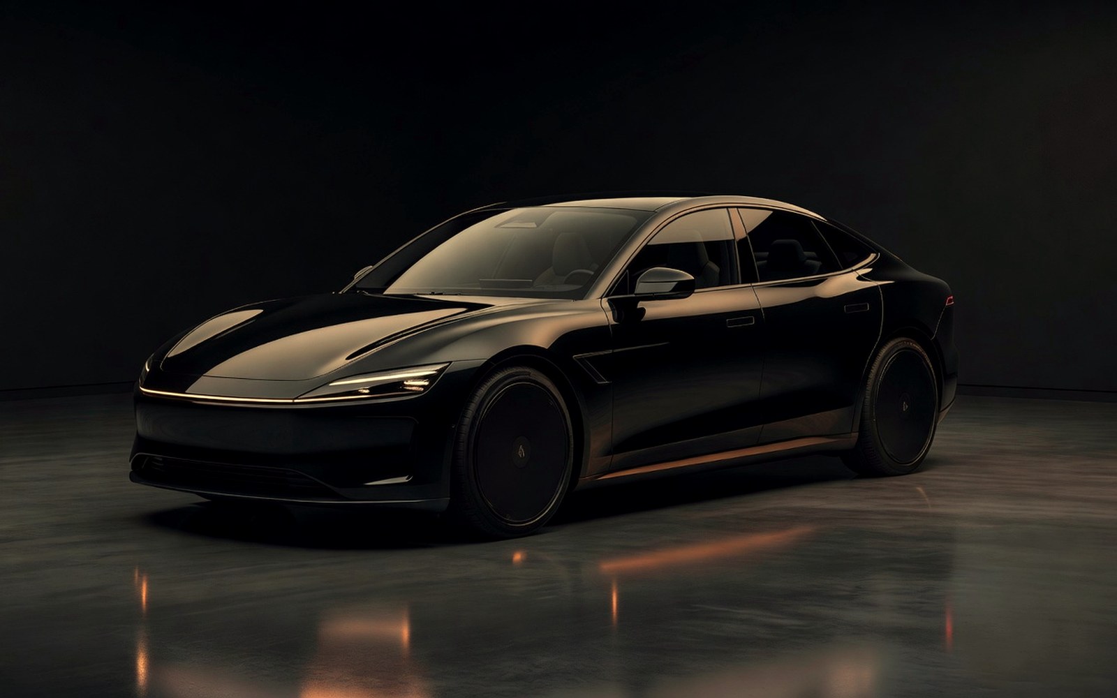 Modern electric sedan with deep tinted panoramic glass in a warm premium studio