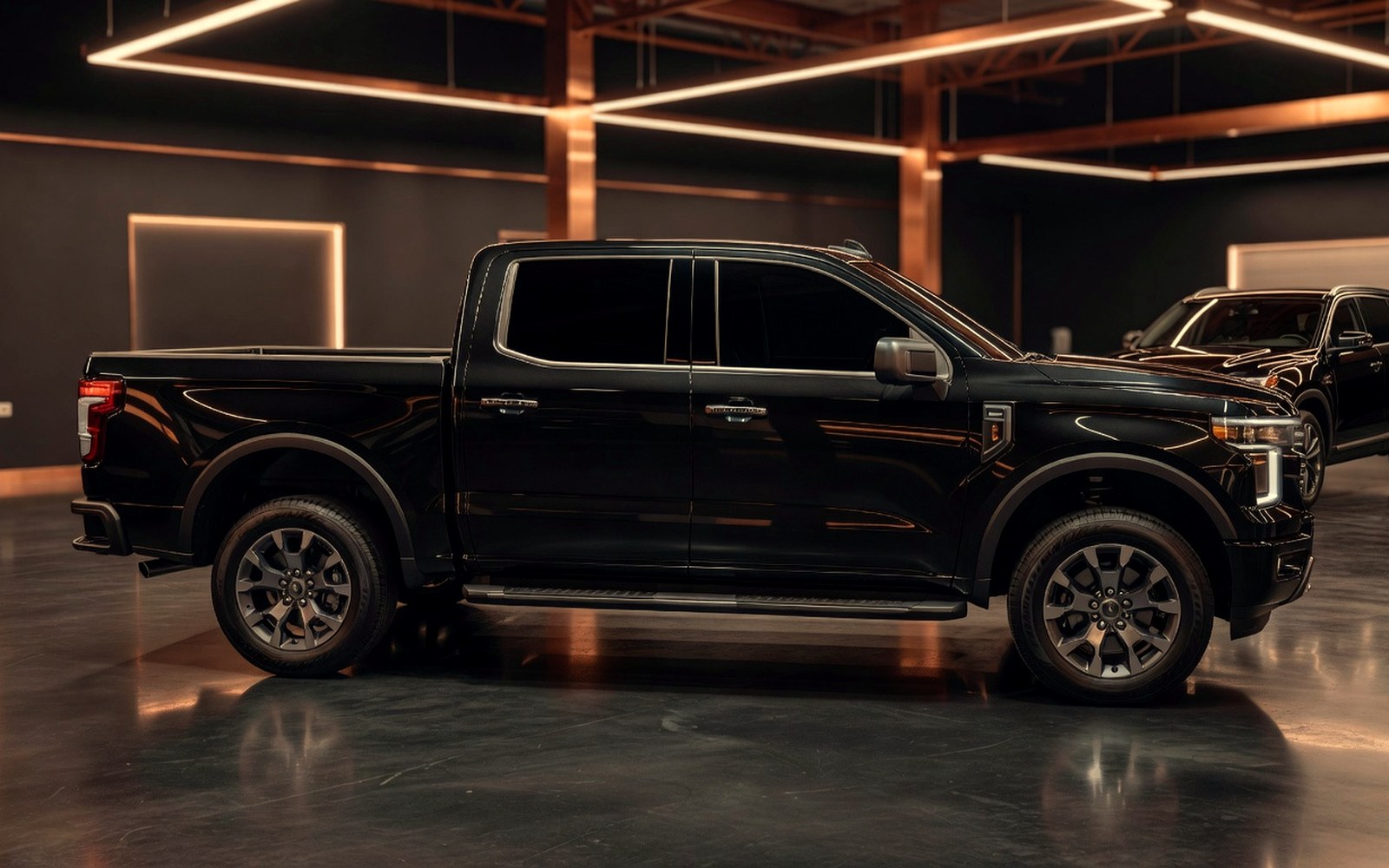 Black truck and SUV side glass with clean window tint in a warm premium shop bay