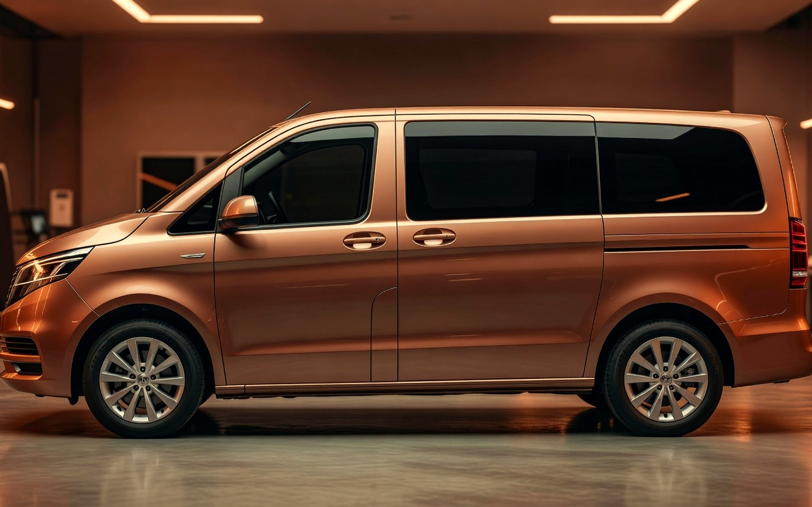 Modern van with clean tinted windows in a professional warm-lit tint shop bay
