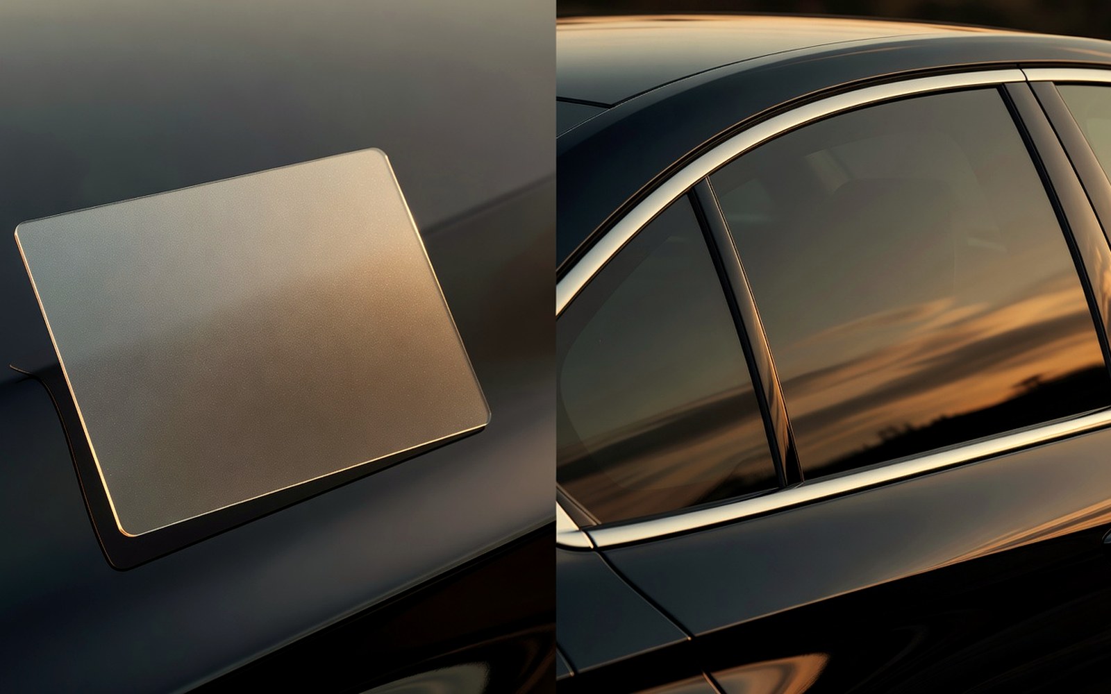 Warm automotive film sample and tinted side glass for Winco window film comparison